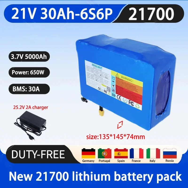 New 21V 30Ah 21700 6S6P lithium battery pack A-class battery 30A BMS 650W high-power rechargeable battery+25.2V 2A charger