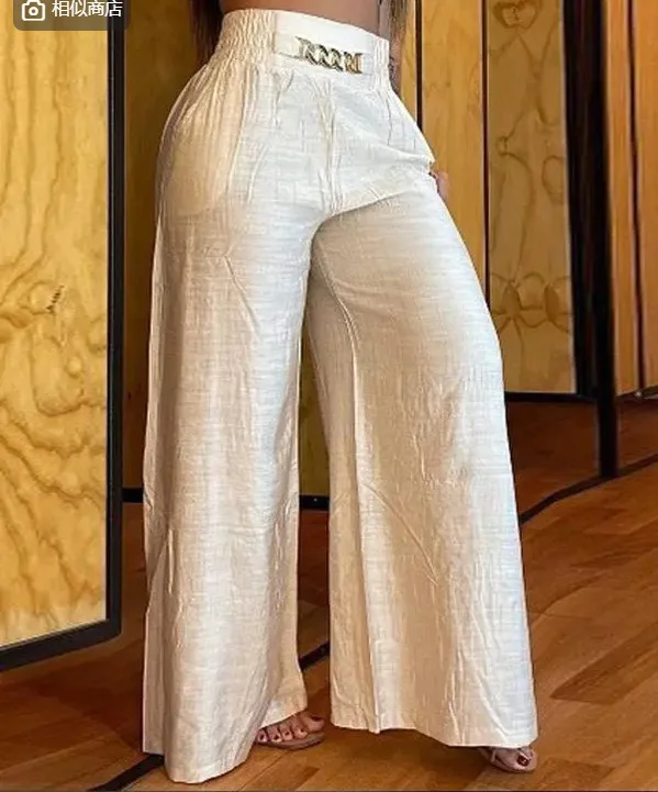 Women Pants 2023 Summer Fashion Chain Decor Casual Plain Pocket High Waist Wide Leg Long Pants For Women Streetwear Trousers