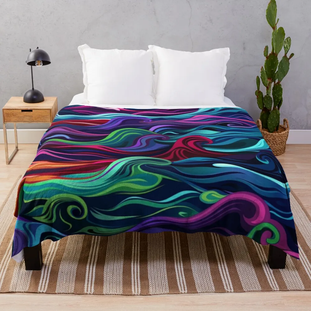 Abstract wave pattern neon colour palette Active Outdoors Inspired Art Throw Blanket Flannel Fabric Furrys Moving Blankets