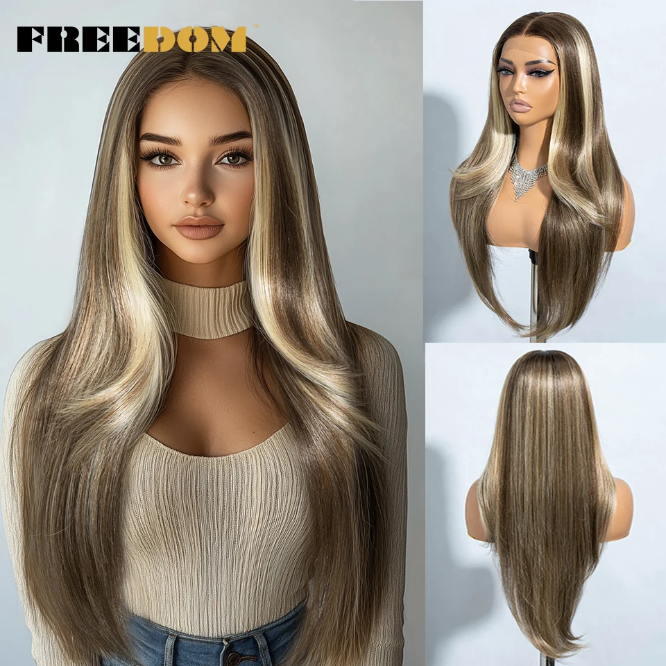 

FREEDOM Synthetic Lace Front Wig 28 Inch Long Straight 13X4 Lace Front Wigs For Women Ombre Blonde Brown Wig Heat Resistant Wig