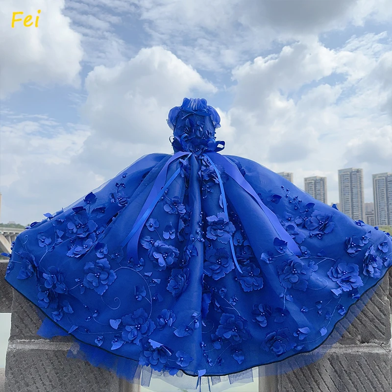 

Luxury Princess Dog Dress - Royal Blue Handmade Lace Flower Bow Party Gown for Small Medium Puppy, Long Tail Pet Coat Fashion