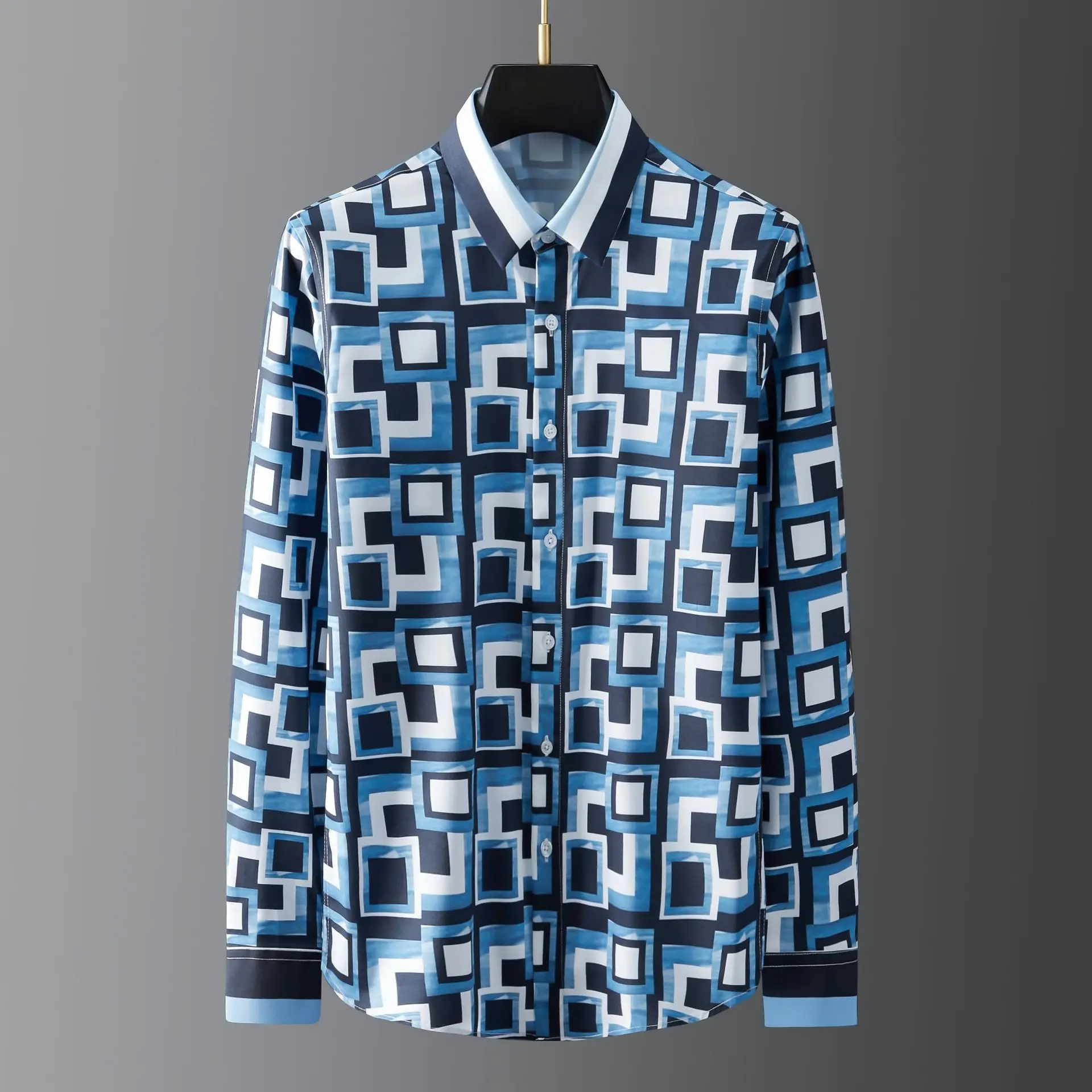 High-quality Geometric Printed Shirt Men Long Sleeve Casual Shirts Fashion Slim Fit Business Banquet Social Shirt Streetwear Top