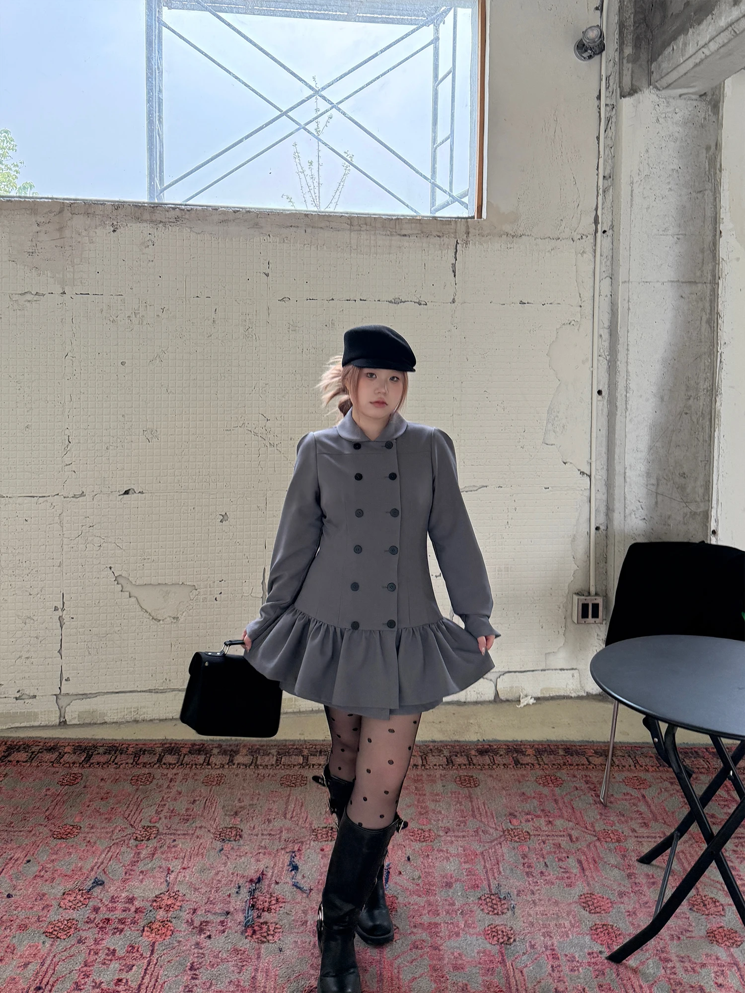 

QDD Studio Retro Grey Suit Dress plus Size Long Sleeve Double Breasted Waist Cinched Women's Fashion Autumn Winter Dress