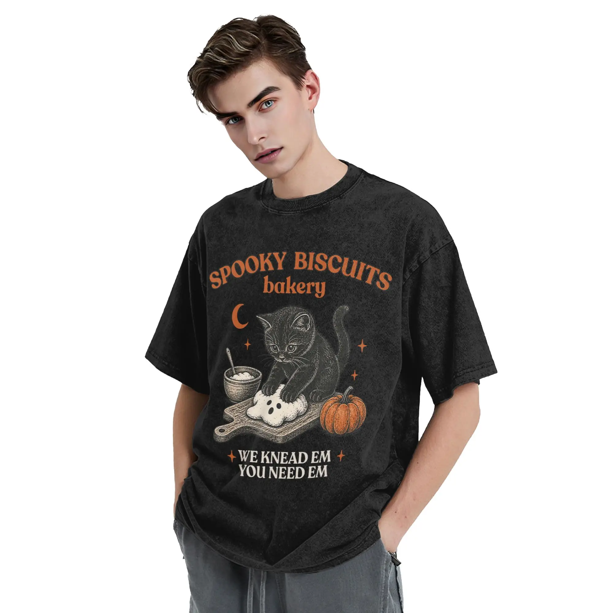Retro Spooky Washed T Shirts Streetwear Vintage T-Shirt Cat Lover Halloween Tees Tops for Men Women 100% Cotton Oversize Graphic