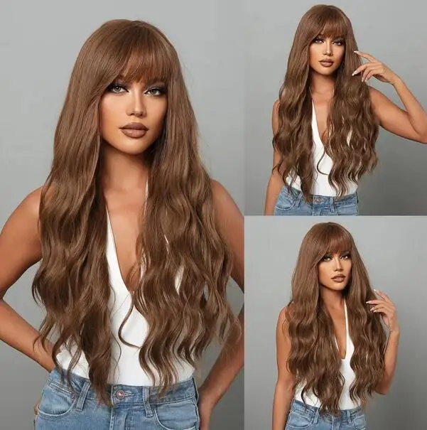 

Fashion Butterfly Haircut 26 Inch Brown Gradation White Gold Curly Wavy Hair Wigs Synthetic Middle Part Hair Wigs For Women