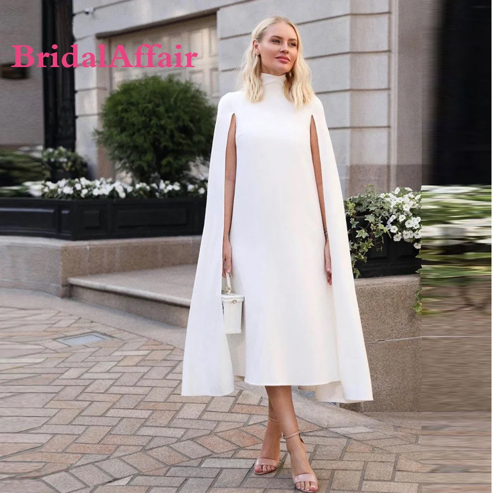 

BridalAffair Simple White Straight Women Formal Evening Dresses High Neck With Long Cape Sleeves Tea Length Gown Women Outfit