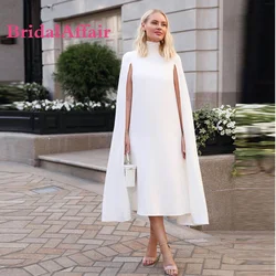 BridalAffair Simple White Straight Women Formal Evening Dresses High Neck With Long Cape Sleeves Tea Length Gown Women Outfit