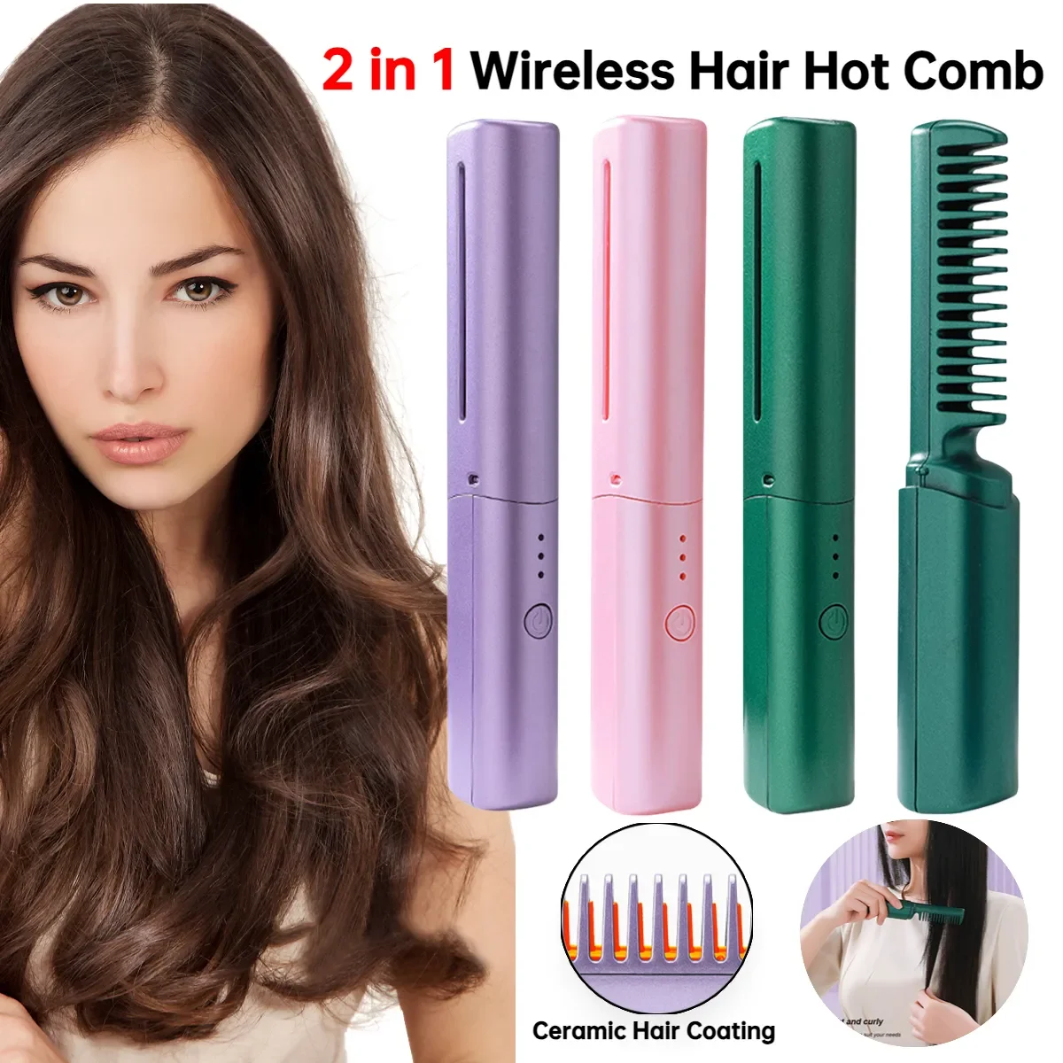 Wireless Professional Hair Straightener Curler Comb Fast Heating Negative Ion Straightening Comb Styling for Home Travel Women