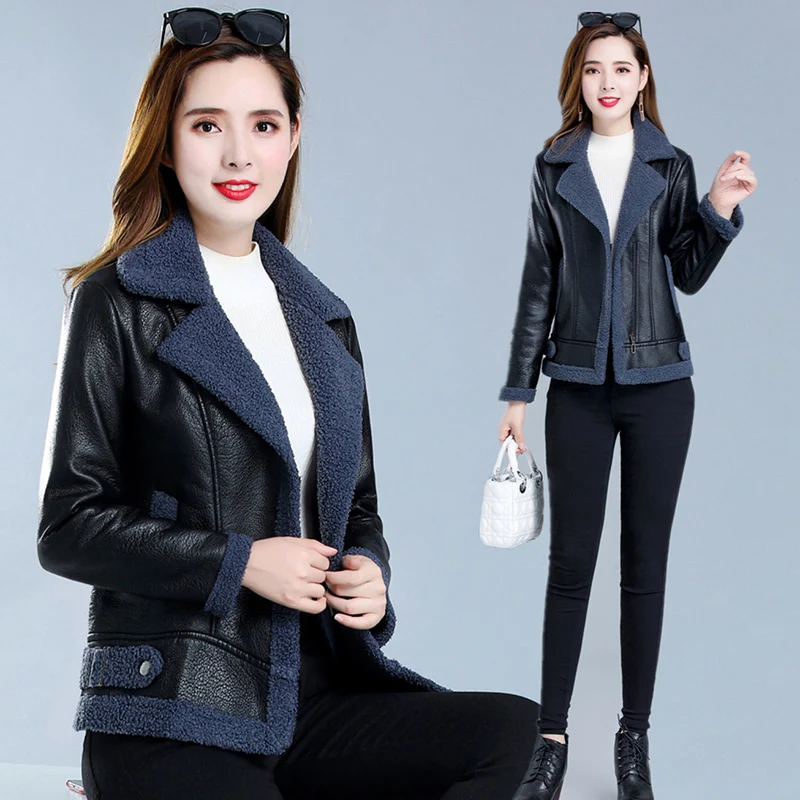 Damska nowa skórzana kurtka Turn Collar Thicken Add Velvet Fur One Moto Biker Coat Lady Overcoat Winter Fur Leather Jacket Aviator