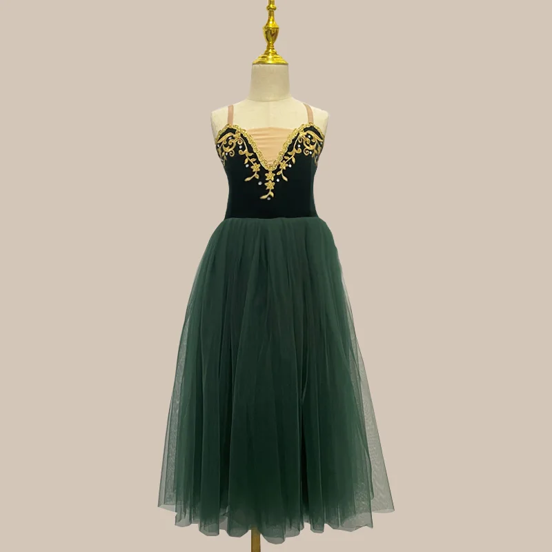 Dark Green Ballet Dress For Girls Kids Long Classical Ballerina Leotard Professional Ballet Tutu Swan Lake Dance Costume Wear