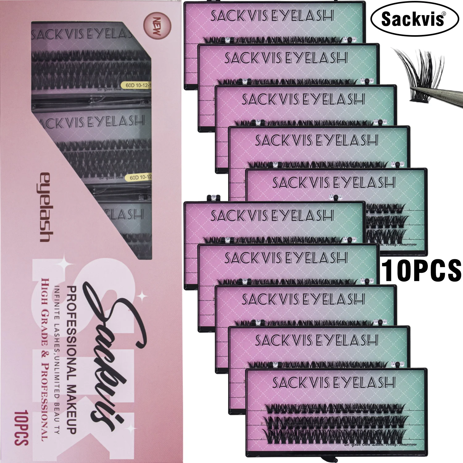 Sackvis 10 Boxen 20D 30D 40D 60D 80D 100D Künstliche Wimpern 0,07mm D-Curl 10-12-14mm Mix Natürliche Wimpernverlängerung, Faux Mink