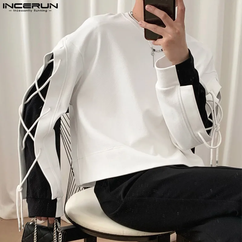 Men T Shirt Patchwork Lace Up O-neck Streetwear Long Sleeve Casual Tee Tops Men Korean 2023 Loose Stylish Men Clothing INCERUN