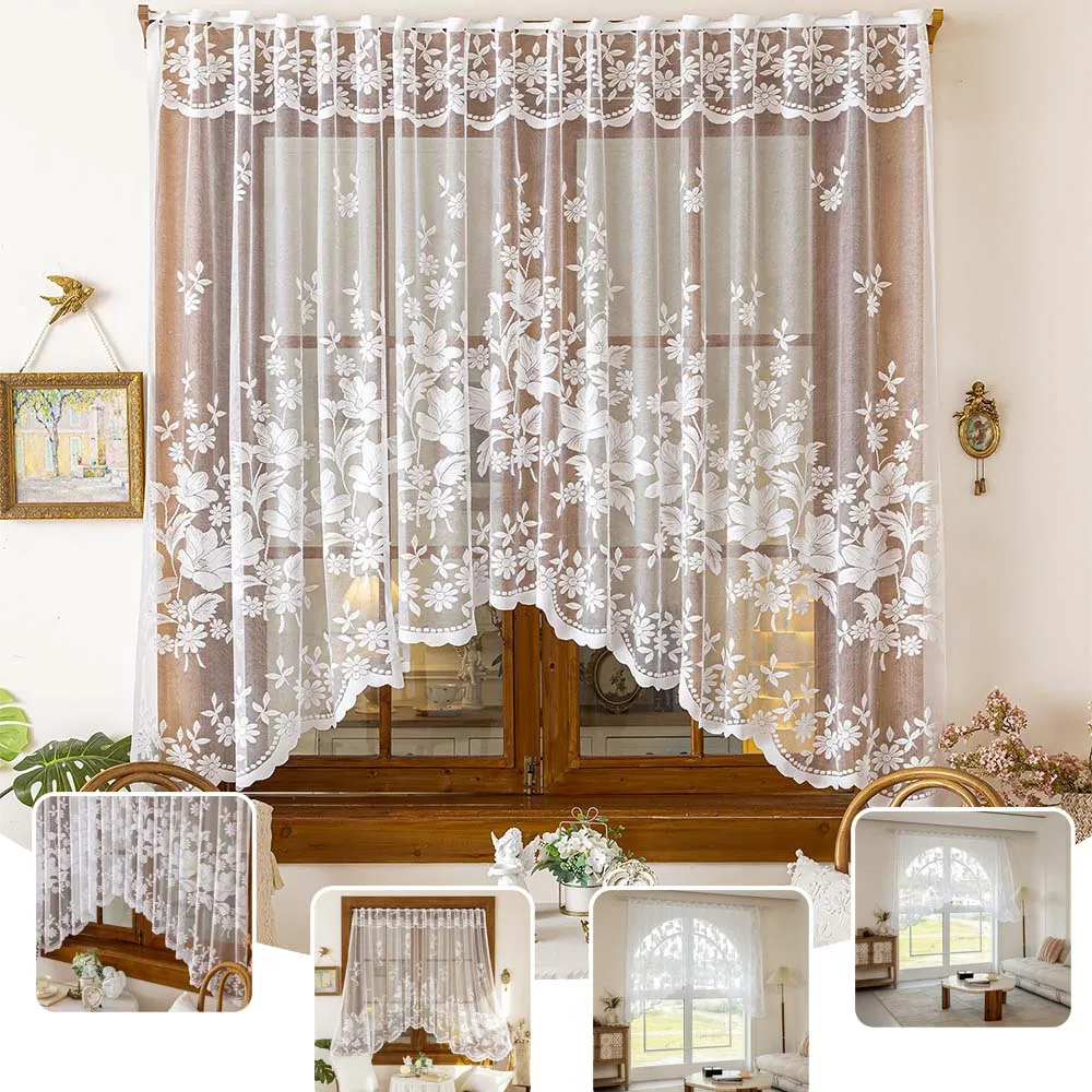 Retro White Lace Sheer Curtain Flower Embroidered Triangle Curtains for Kitchen Small Window Half Curtain French Country Decor