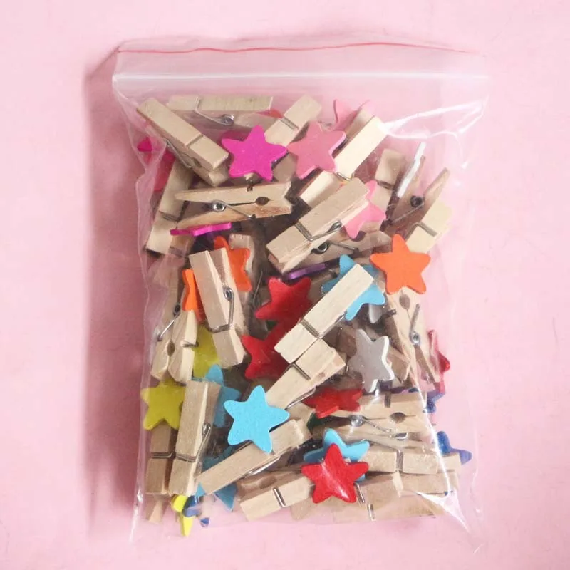 35x7mm 20pcs Wooden Colored Star Photo Clips Memo Paper Peg Clothespin Stationery Christmas Wedding Party Craft Home Decoration