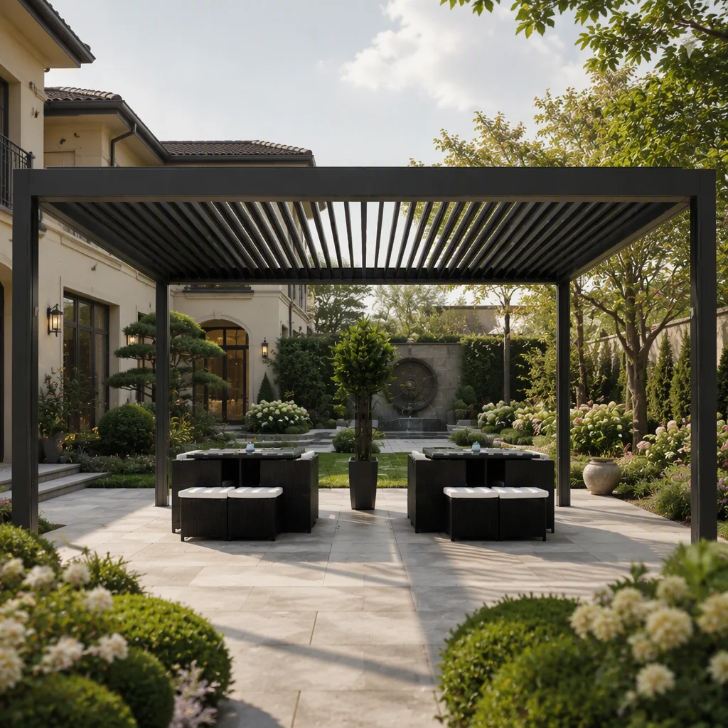 All-Season Modern Pergola Customised Remote Control Bioclimatic Outdoor Louvered Gazebo Roof Aluminium Wood Alloy Frame Electric