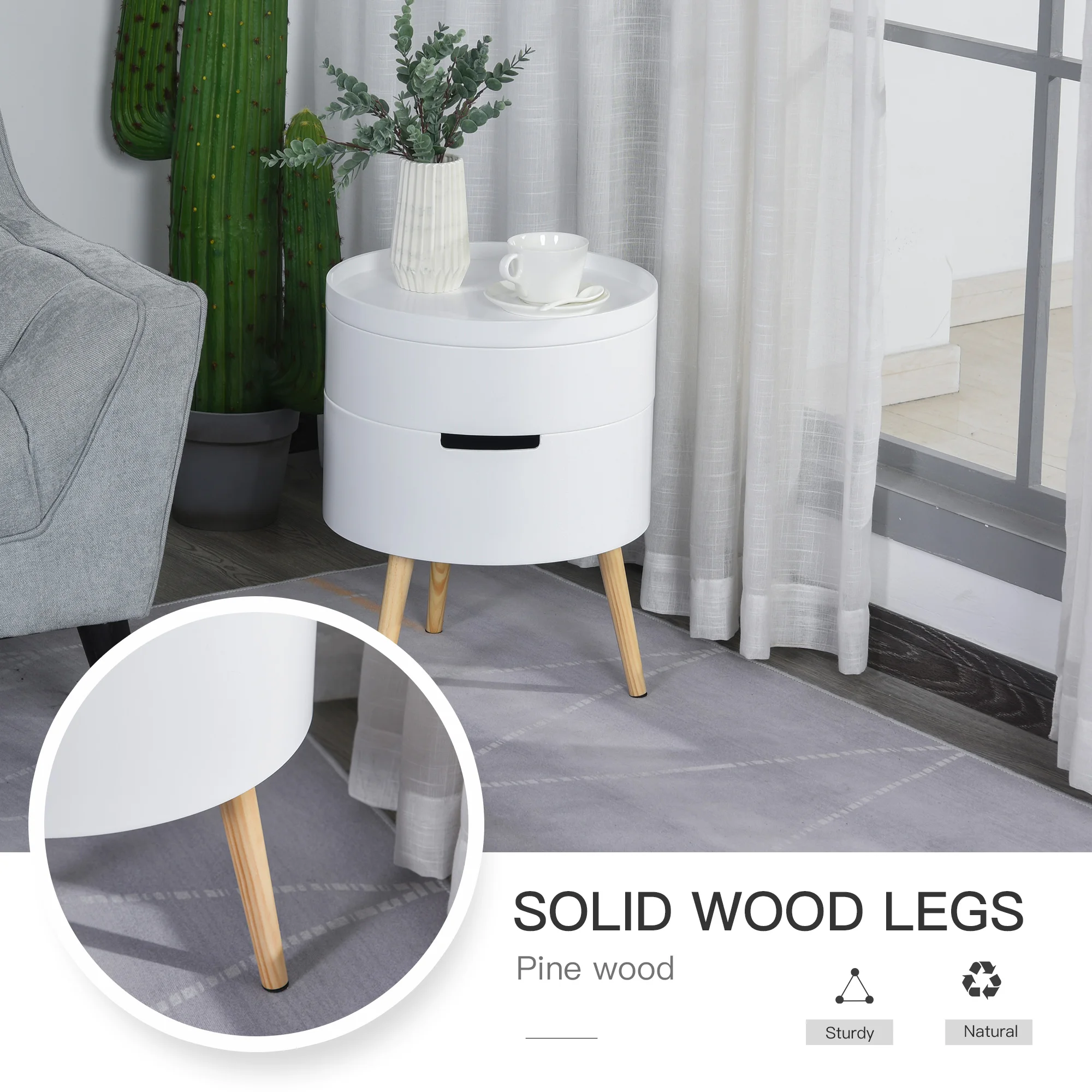 HOMCOM Side Coffee Table End Desk Night Stand Storage w/ Detachable Tray, White