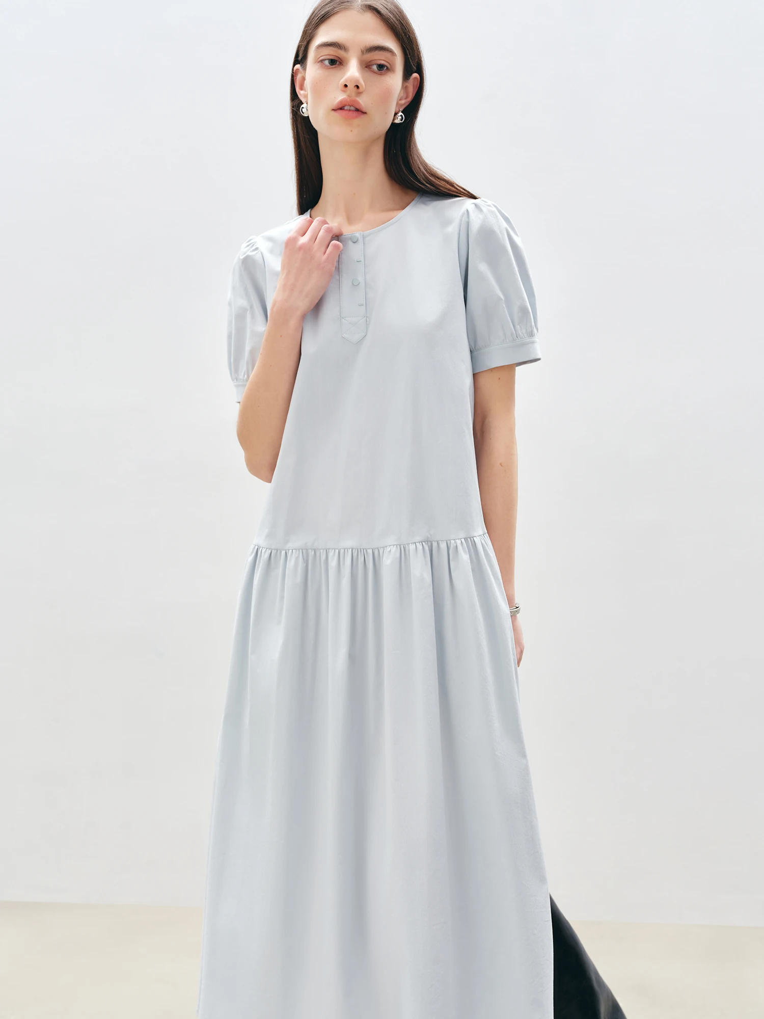 Ziqiao Damen-Kleid mit Rundhalsausschnitt und Puffärmeln, langes Kleid, 2025, Sommer, neues blaues,