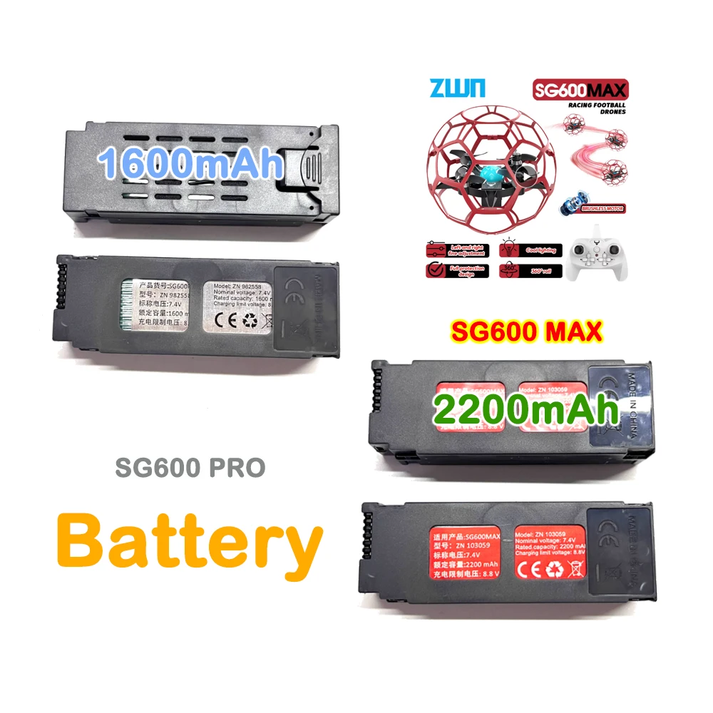 7.4V 1600mAh SG600 PRO Battery / 2200mAh SG600 MAX Brushless Racing Football Drone Battery Spare Part Accessory 1/2/3/4PCS