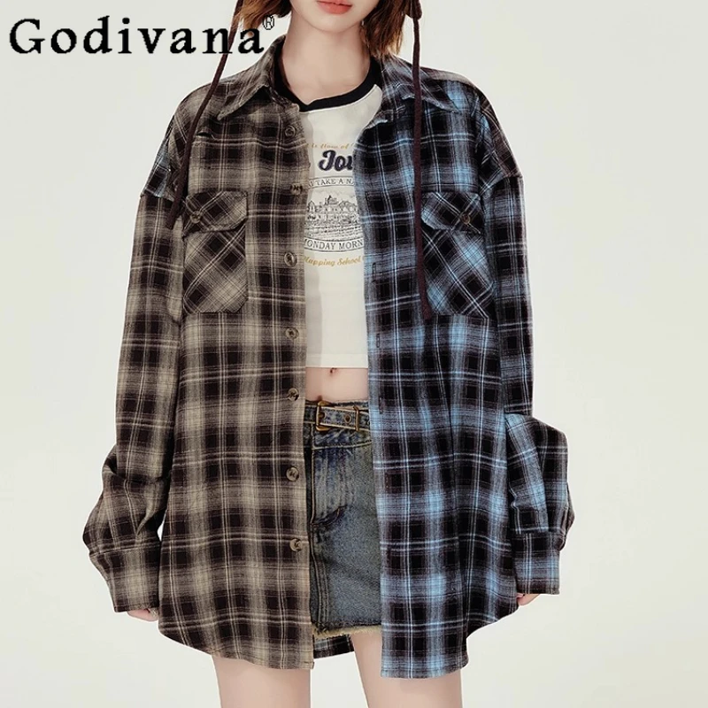 

American Retro Plaid Contrasting Color Long Sleeve Turn-down Collar Shirt Girl Autumn Embroidered Loose Versatile Leisure Top