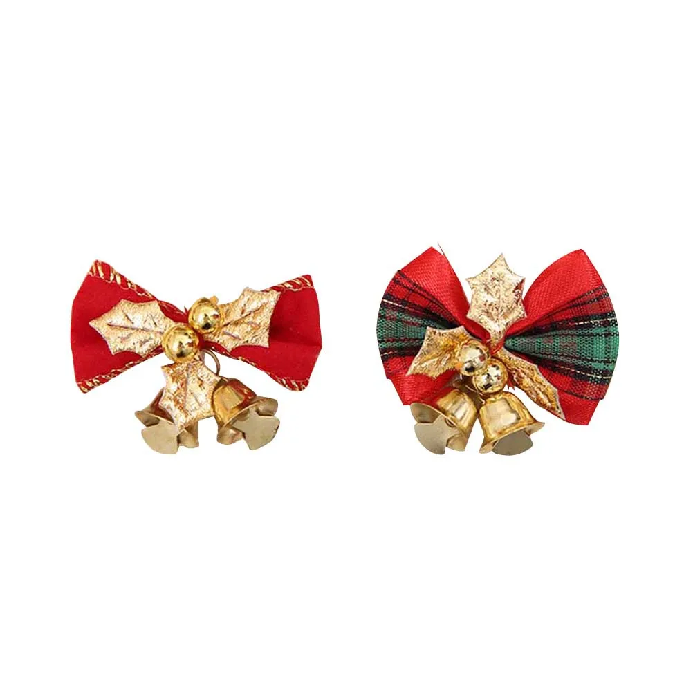 

6Pcs Christmas Ornaments Mini Bow Tie Bells Plaids Flocked Fabric Hanging Decorations for Tree Banister Fence