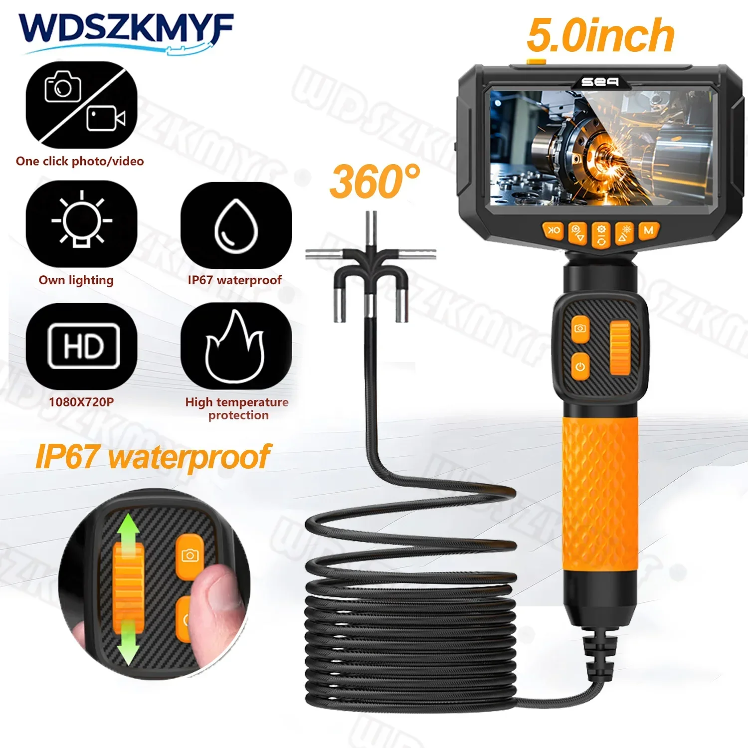 360 Articulating Borescope Camera 6.0MM Single  Lens HD 1080P 5-inch screen Car Inspection IP67 Waterproof Sewer Camera With LED
