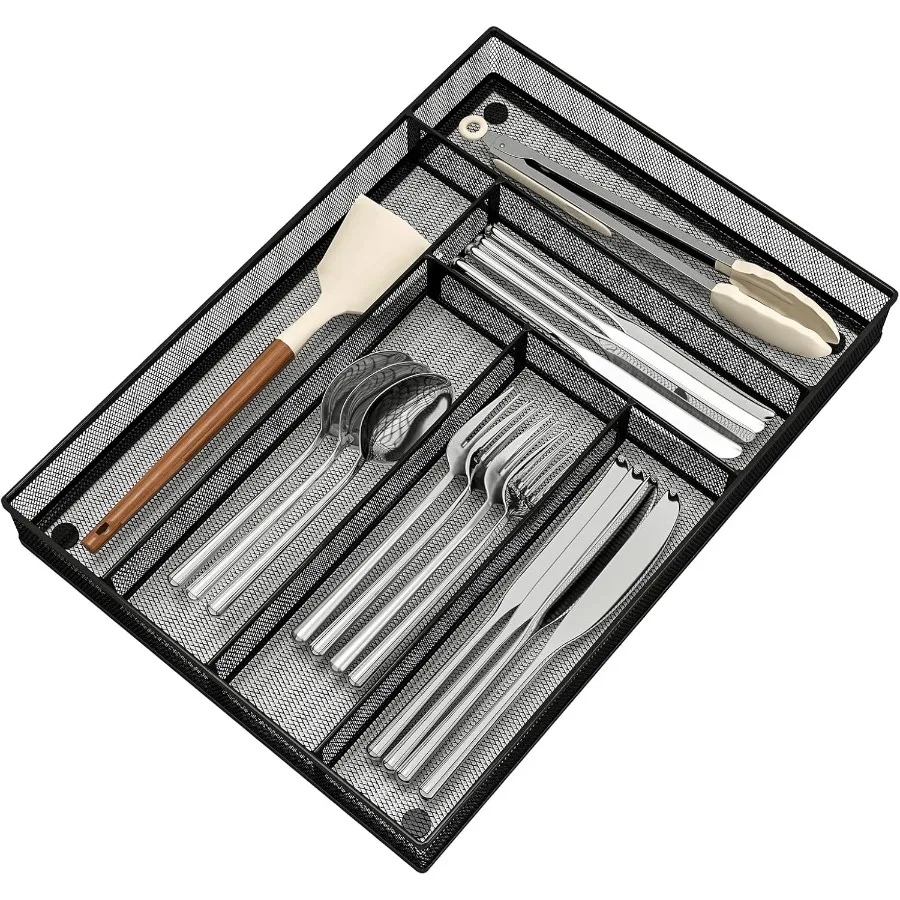 

Silverware Organizer Metal Mesh Large Drawer Organizer Utensil Cutlery Tray for kitchen drawers Flatware Organizer with 6 Compa