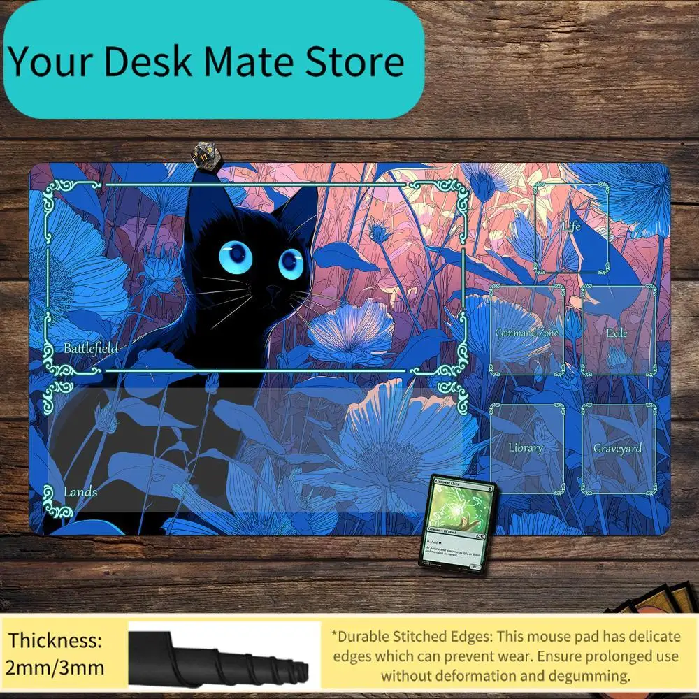 Cute Cat Theme Kawaii Magic Playmat Card Battle Gaming Mat with Zone MTG Playmat 60X35cm Desk Mat Suitable for Game Gathering