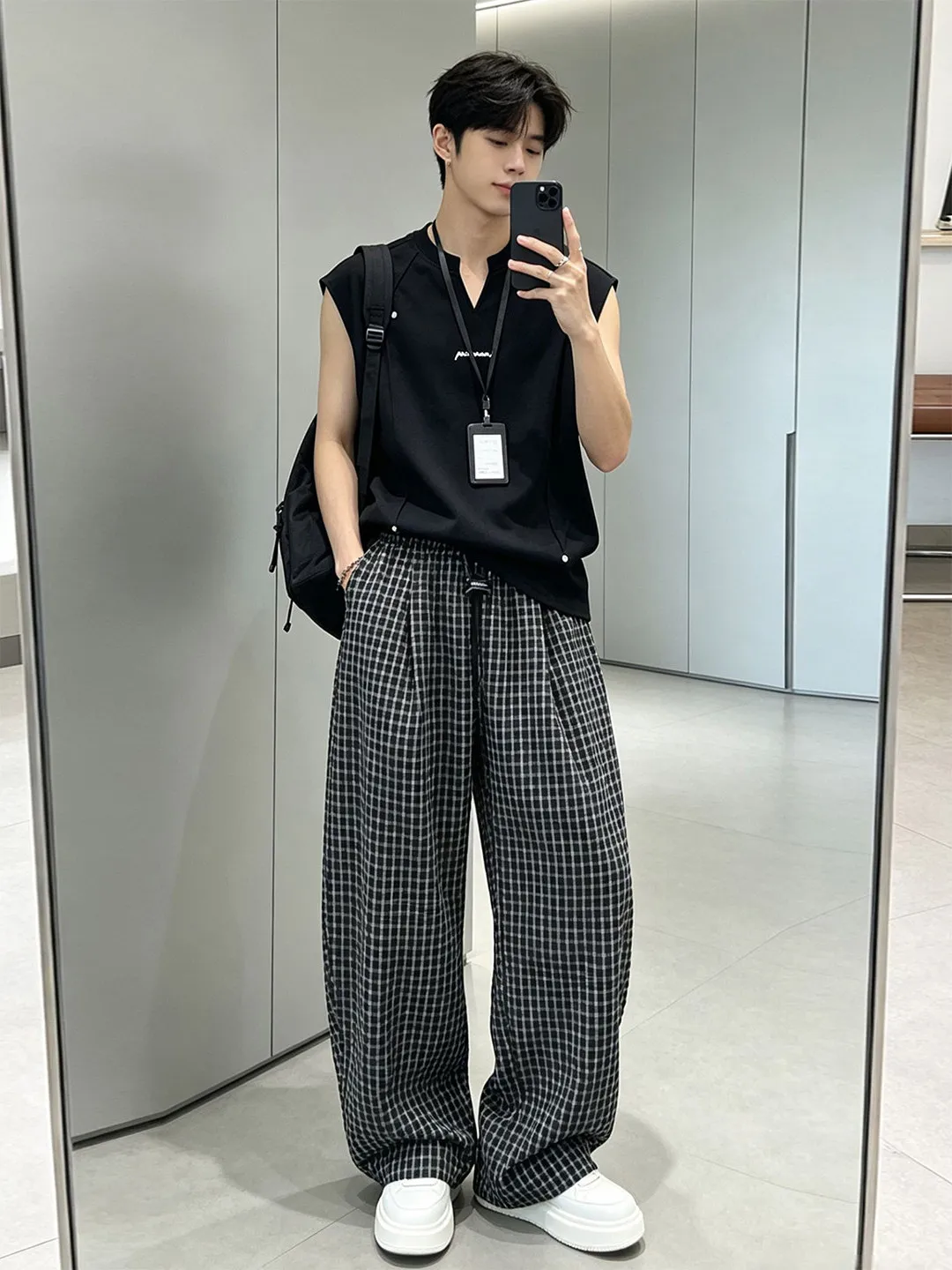 Cleanfit Men's Summer Thin Plaid Pants Casual Wide Leg Trousers Comfortable Straight Cut Polyester Cotton Blend Fashionable