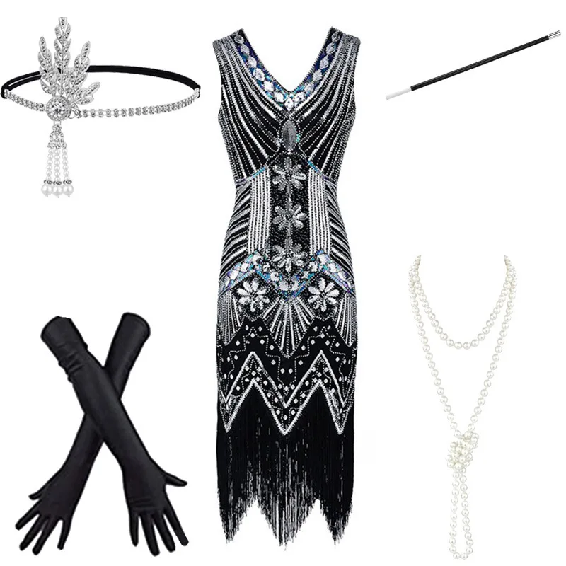 

Roaring 1920s Sequin Gatsby Ball Flapper Dress necklace headwear stage show Women Fringed V-neck Club Party Cocktail Dresses