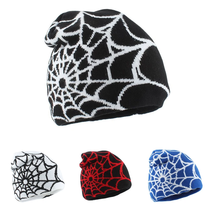 Fashion Hip Hop Cap Streetwear Punk Winter Knitted Hat Unisex Spider Web Jacquard Weave Warm Beanies For Men Women