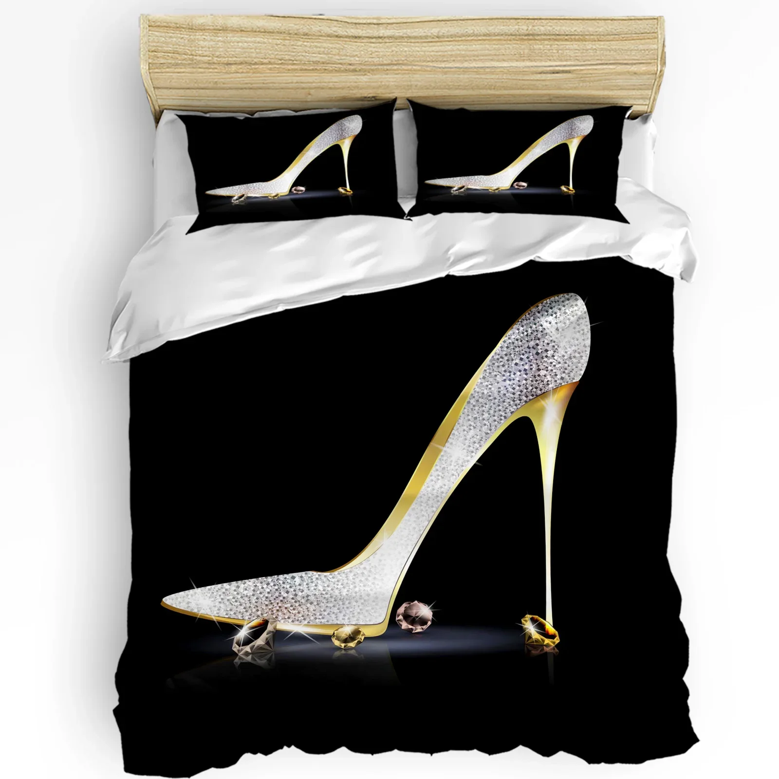 

Crystal High Heels Diamond Yellow Heels 3pcs Bedding Set For Bedroom Double Bed Home Textile Duvet Cover Quilt Cover Pillowcase