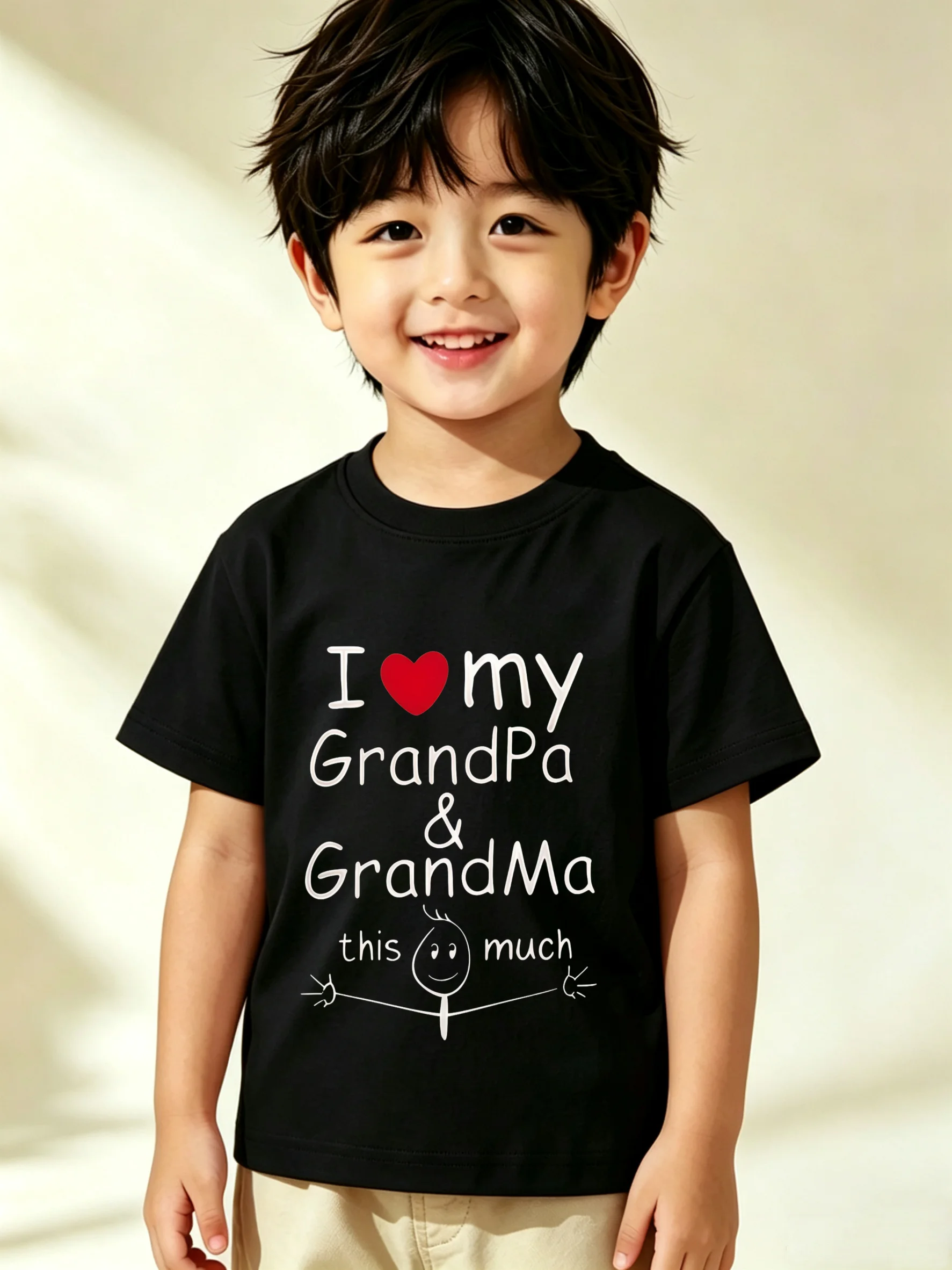 I Love My Grandpa&grandma This Much New Letter Printed Pattern Children's Fashionable Cute Casual Short Sleeved T-shirt