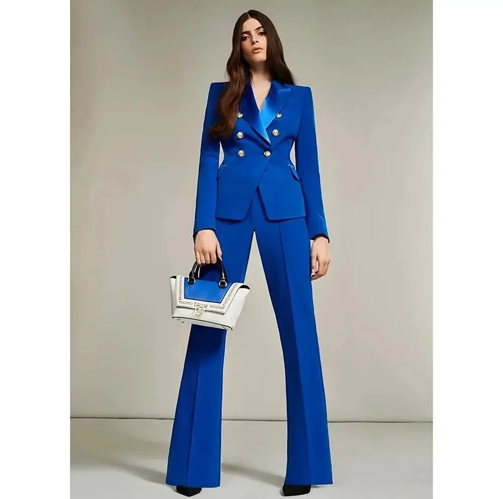 Royal Blue Women Suit Flared Pants Design Double-Breasted Custom Party Wear Ladies Blazer Trousers Business Costume Homme