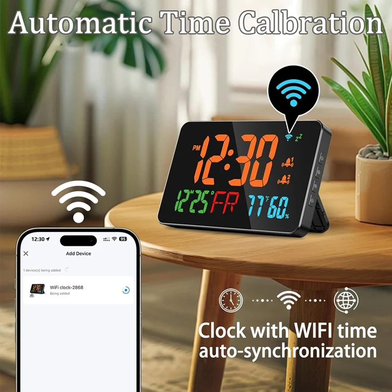 Digital Clock Alarm Clock Wifi Clock, Extra Large Letters, Temperature & Humidity, Calendar, Week