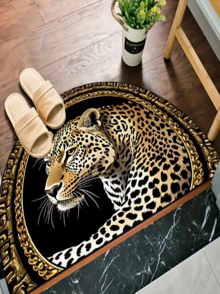 Luxury Golden Leopard Half Round Door Mat, Black Gold Chain Frame Animal Print Non-Slip Absorbent Entryway Floor Rug
