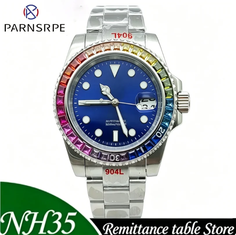 

Parnsrpe 2026 New NH35 Mechanical wristwatch Men 40mm Luxury Diver Style Blue Dial Rainbow Bezel Sapphire 5Bar Waterproof Date