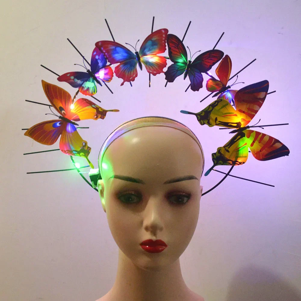 Couronne de cheveux Halo en métal lumineux, papillon clignotant, déesse ange, bande de sauna agitée par le soleil, costume de patients pour femme, festival de mariage, fête lumineuse