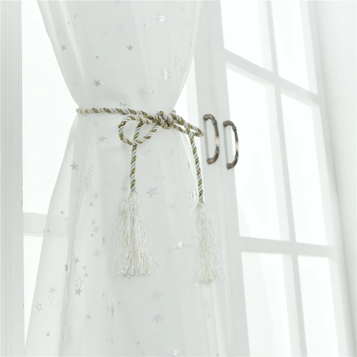 1 個薄手のカーテン 100X270Cm シルバー箔スタープリント窓チュール寝室リビングルームルームボイルカーテンホームテキスタイル