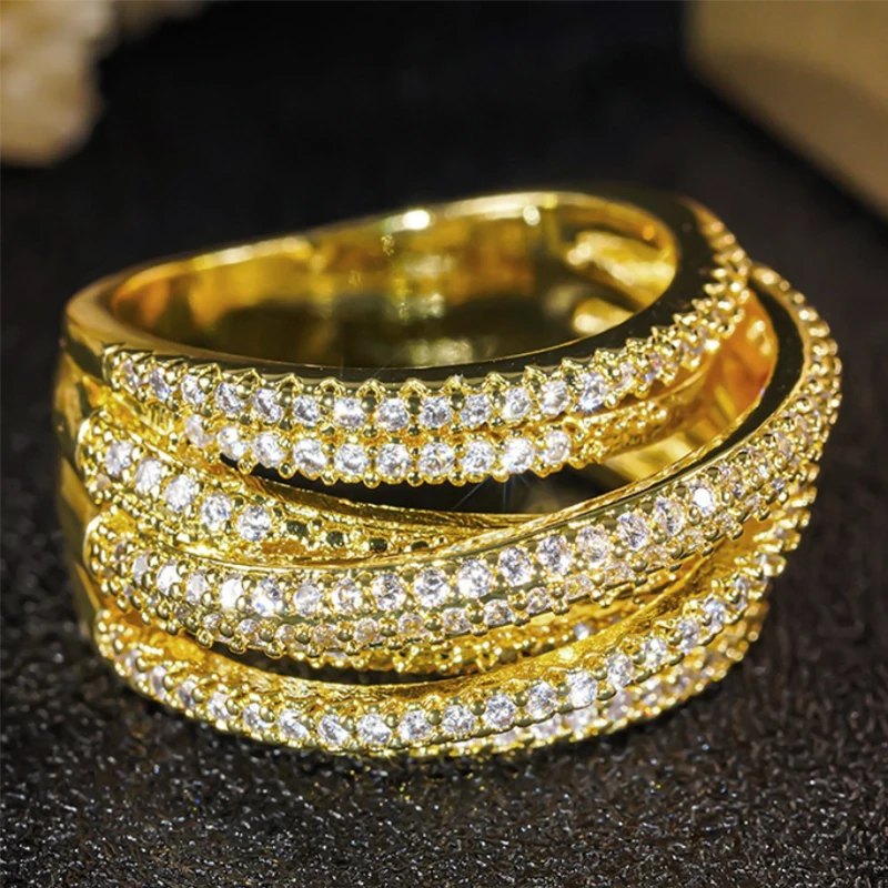 Huitan Luxury Rings Female Novel Multi-level Designed Finger Accessories with Shiny Cubic Zirconia Charms Wedding Band Jewelry