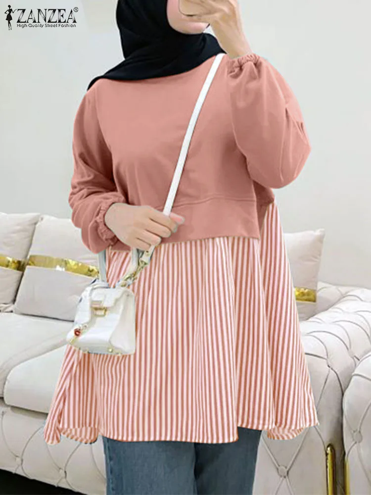 

ZANZEA Fashion Loose Party Shirt Casual Blusas Women Striped Patchwork Blouse Spring Long Sleeve Muslim Tops Islamic Clothing