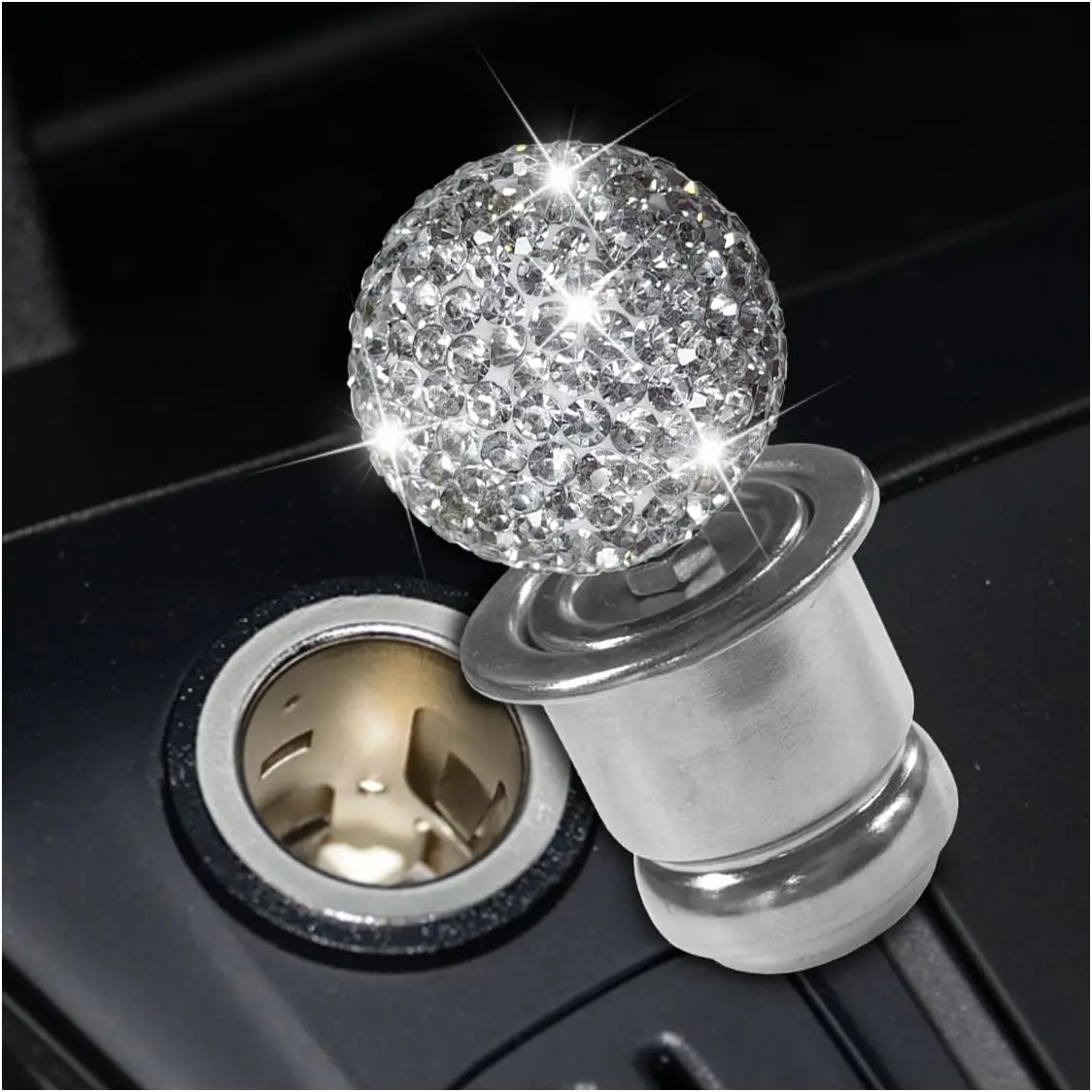 Car Cigarette Lighter, Dustproof Crystal Rhinestone Car Cigarette Lighter Plug Replacement, 12V Pop-Out Universal Auto Socket Decoration Accessories for Most Vehicles (White)
