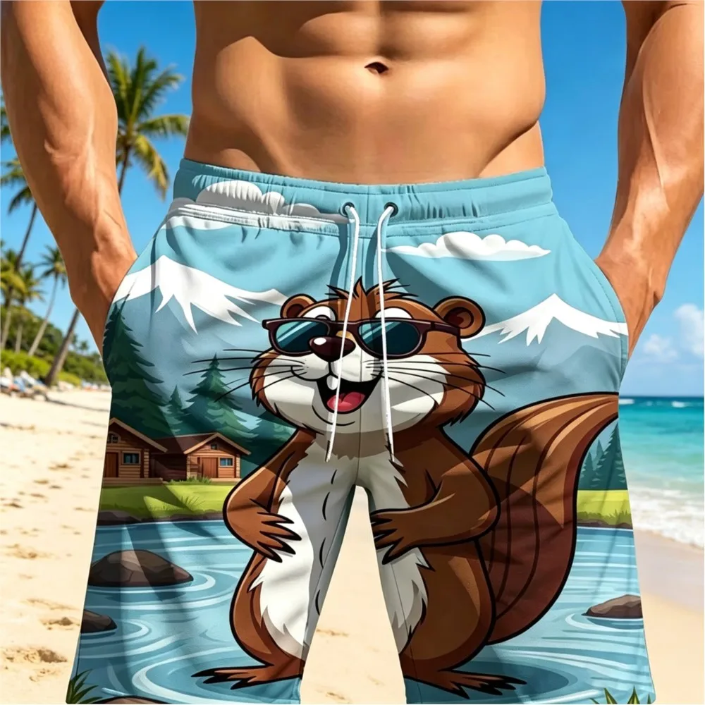 Men's Cute Beaver Print Swim Trunks Cartoon Animal Beach Shorts Quick Dry Elastic Waist Drawstring Board Shorts with Pockets