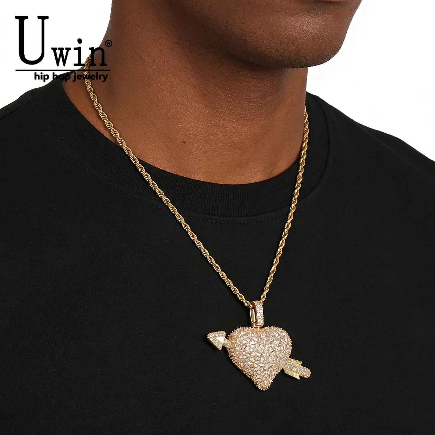 

Uwin 2 in 1 Heart Arrow Pendant Custom Photo Necklace Micro Paved CZ DIY Picture Memory Gift For Couple Lover Hiphop Jewelry