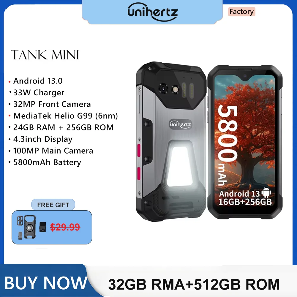 

Unihertz 8849 Tank Mini1 Rugged Mini Phone 4.3" Display Android 13, Helio G99 Octa Core, 16GB 256GB, 100MP Cameras, 5800mAh,IP68