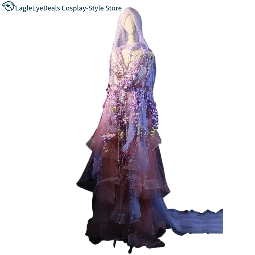 ثوب مسائي أجنحة الفراشة تأثيري الأرجواني فستان الوستارية شفافة الشيفون الشمال الزفاف السماوي لحكاية خرافية اليدوية