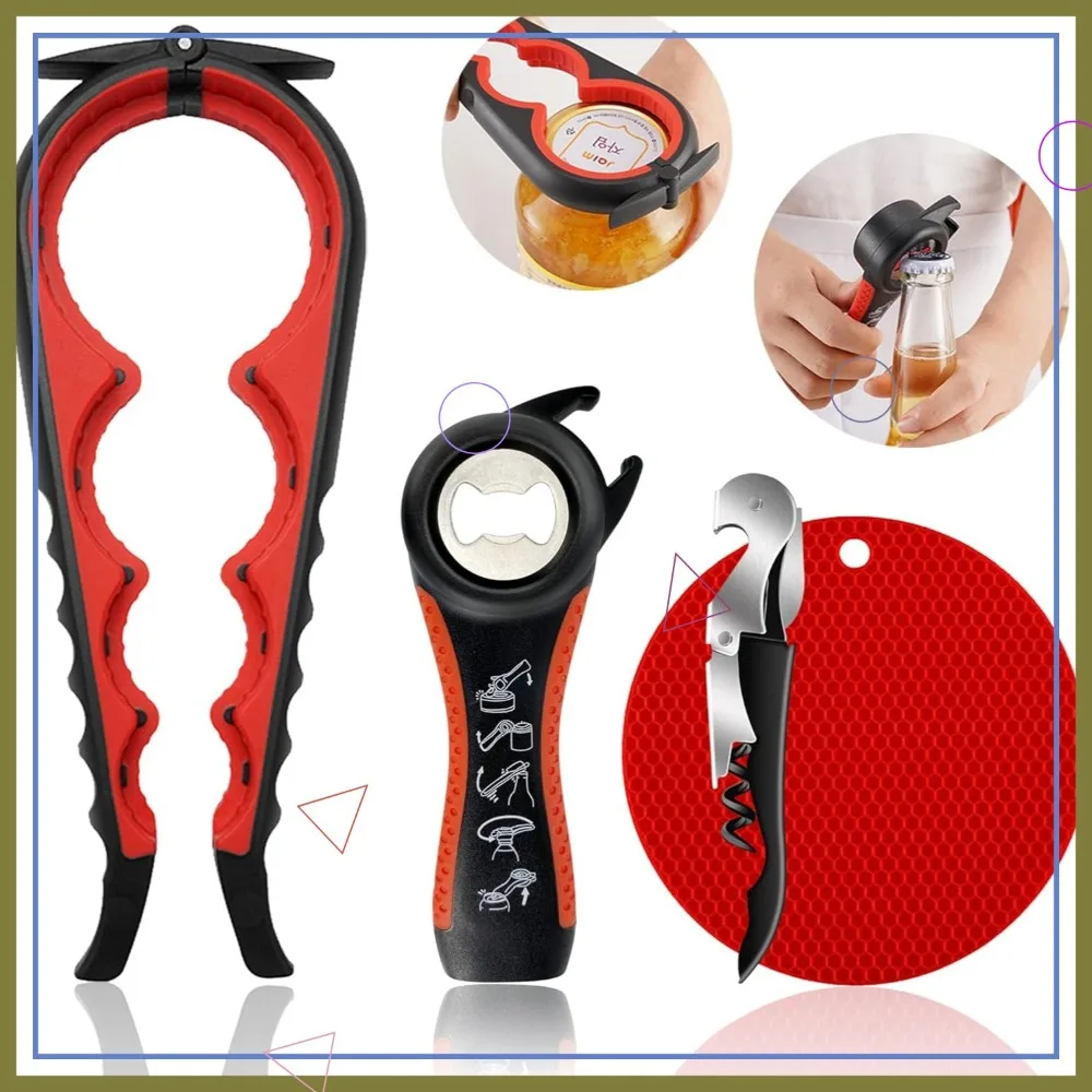 

5-in-1 Jar Opener for Weak Hands, Seniors with Arthritis, Non-Slip Rubber Gripper & Corkscrew (Red)