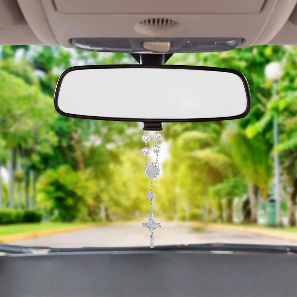 

2Pcs Christian Car Accessories Cross Rosary Rearview Mirror Pendant Imitation Pearl Religious Protection Cross Hanging for Car
