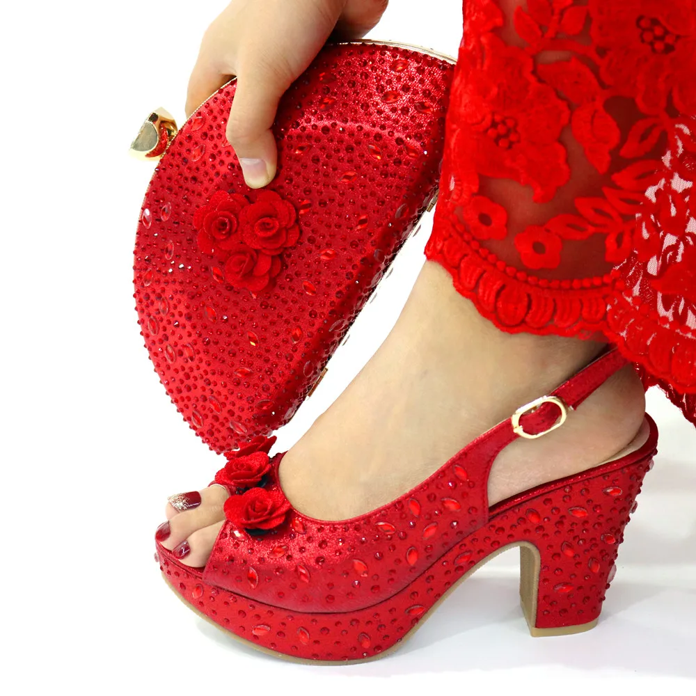 Christmas party shoes and Bags Matching Set Nigerian Women Party Pumps High Heels Rhinestone Women Wedding Shoe Elegant