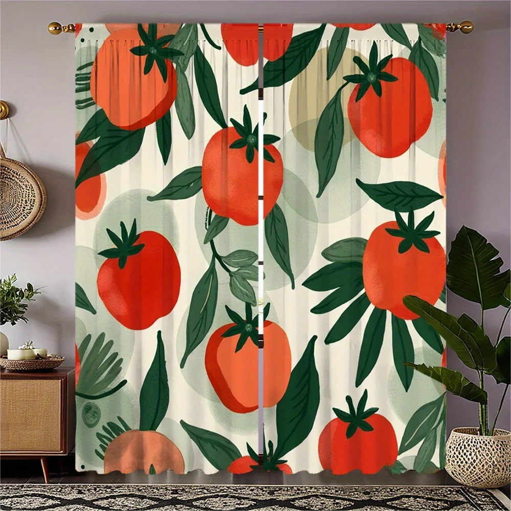 2pcs Curtains - Modern Abstract Window Drapes with Tomato & Leaf Motif in Red/ Green/Beige/, Semi-Sheer Light Filtering Privacy