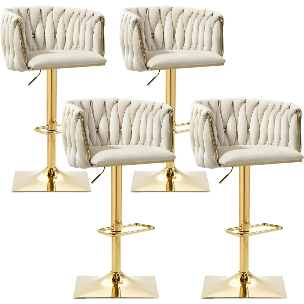 

Velvet Bar Stools Set of 4, Swivel Bar tools with Adjustable Height, Upholstered Bar Chair with Woven Back and Golden Base